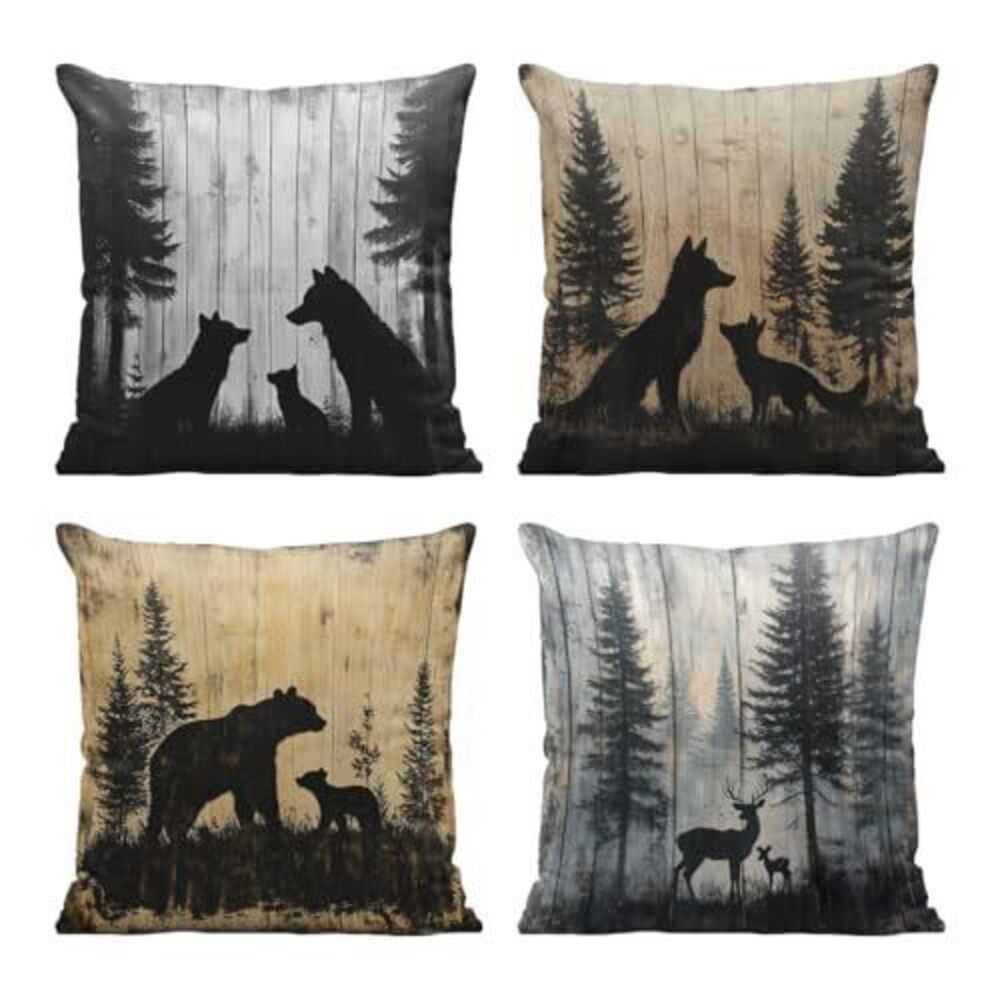 1940 Rustic Wildlife Throw Pillow Covers 18x18 Set of 4 Vintage Woodland